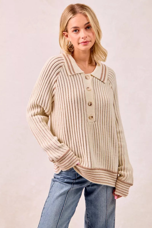 BiBi Half Button Ribbed Two Tone Sweater - Tigbul's Variety Fashion Shop