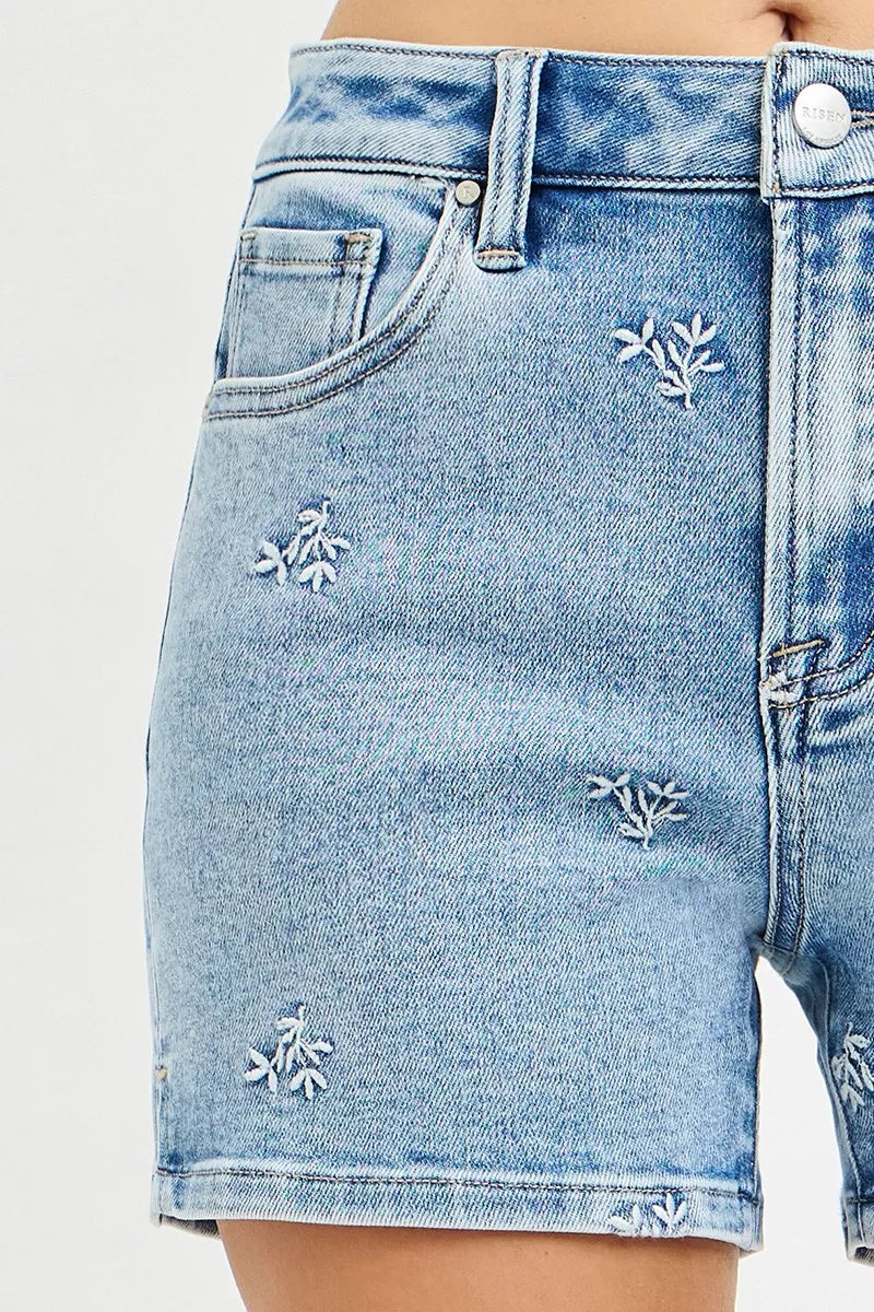RISEN High Rise Denim Shorts with Embroidered Detail - Tigbul's Variety Fashion Shop