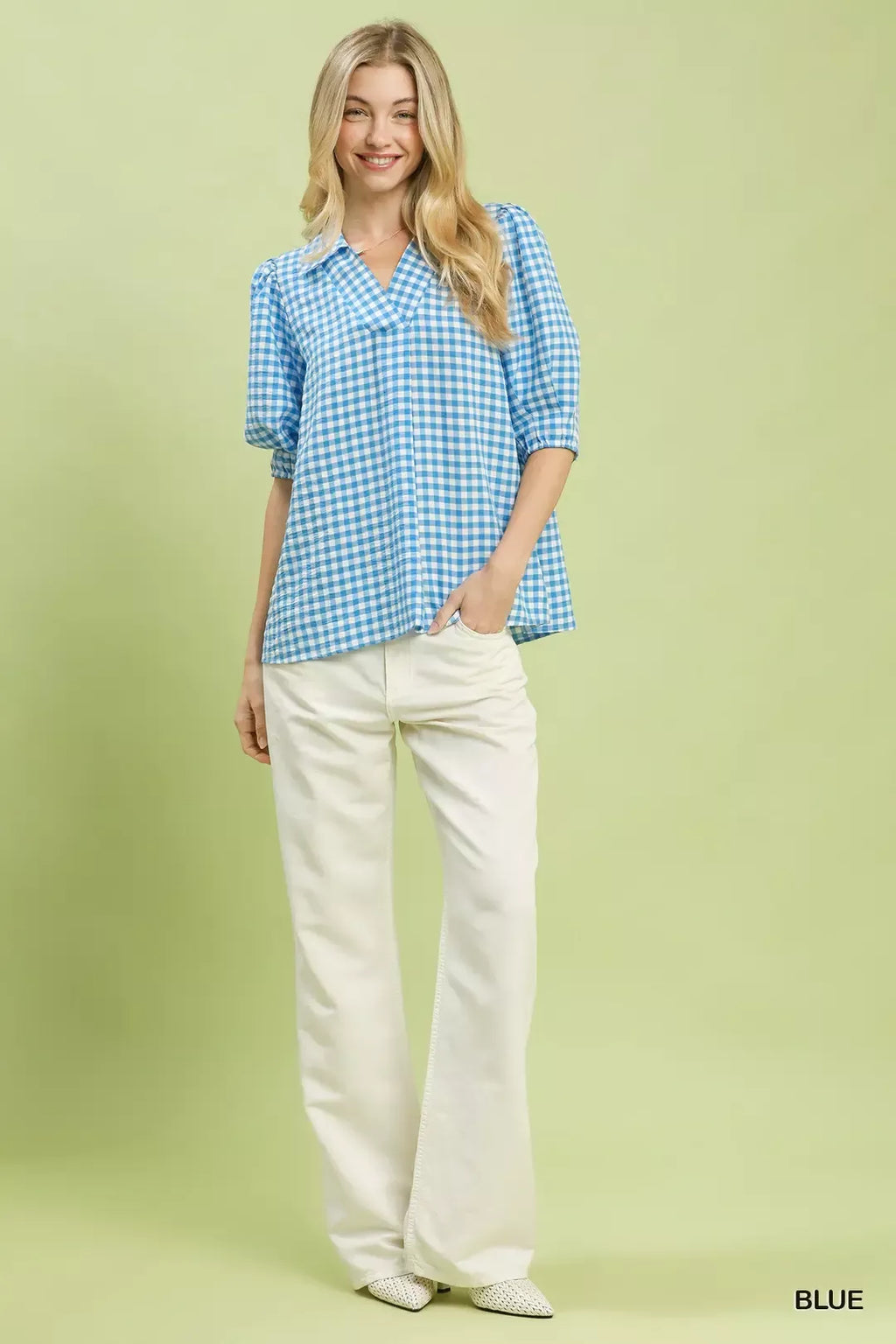 Blue gingham puff-sleeve collared blouse with short sleeves and button front