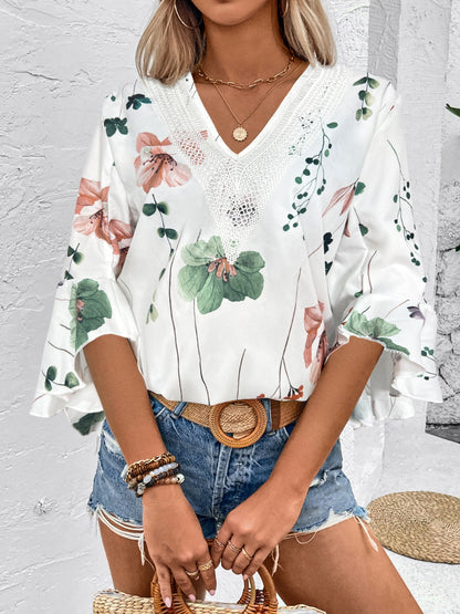 Ruffled Printed V-Neck Half Sleeve Blouse - Tigbul's Variety Fashion Shop