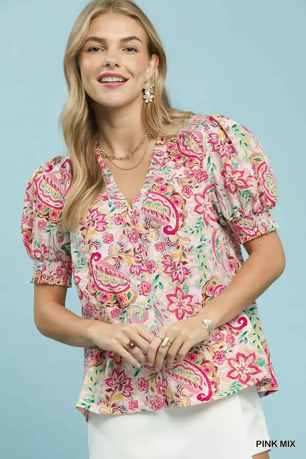 Paisley Floral Button-Down Shirt in Pink Mix, V-neck, short puff sleeves