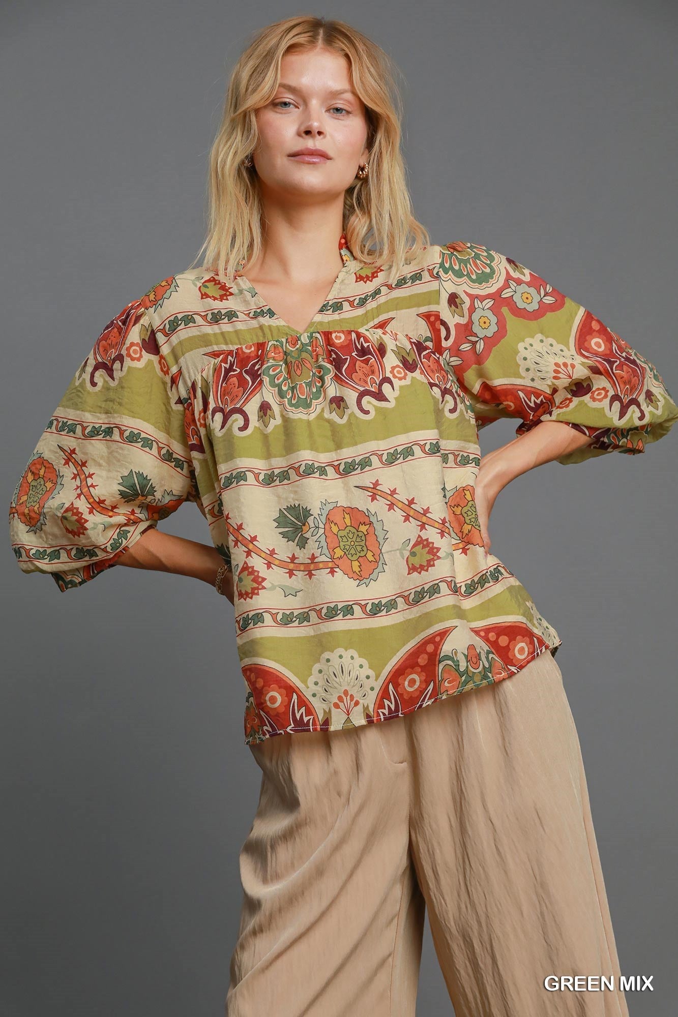 Umgee Full Size Border Print Notched 3/4 Puff Sleeve Blouse Plus Size - Tigbul's Variety Fashion Shop