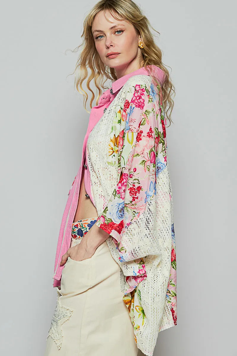 POL Thermal and Crochet Lace Mix Shirt with Floral Pattern - Tigbul's Variety Fashion Shop