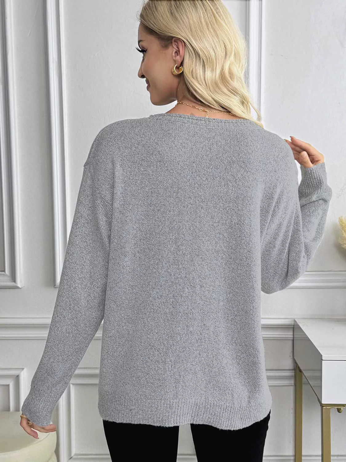 V-Neck Long Sleeve Knit Top - Tigbul's Variety Fashion Shop