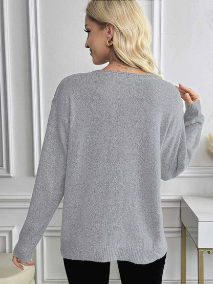 V-Neck Long Sleeve Knit Top - Tigbul's Variety Fashion Shop