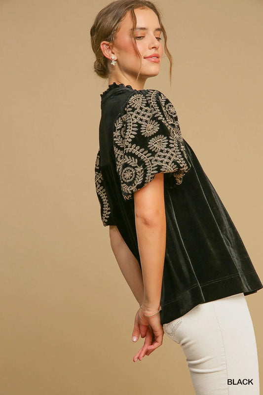 Umgee Full Size Velvet Embroidered Sleeve Blouse Plus Size - Tigbul's Variety Fashion Shop