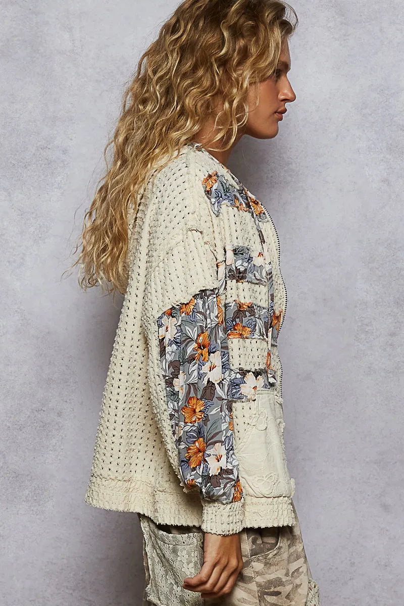 POL Zip Up Floral and Lace Patch Washed Hoodie - Tigbul's Variety Fashion Shop