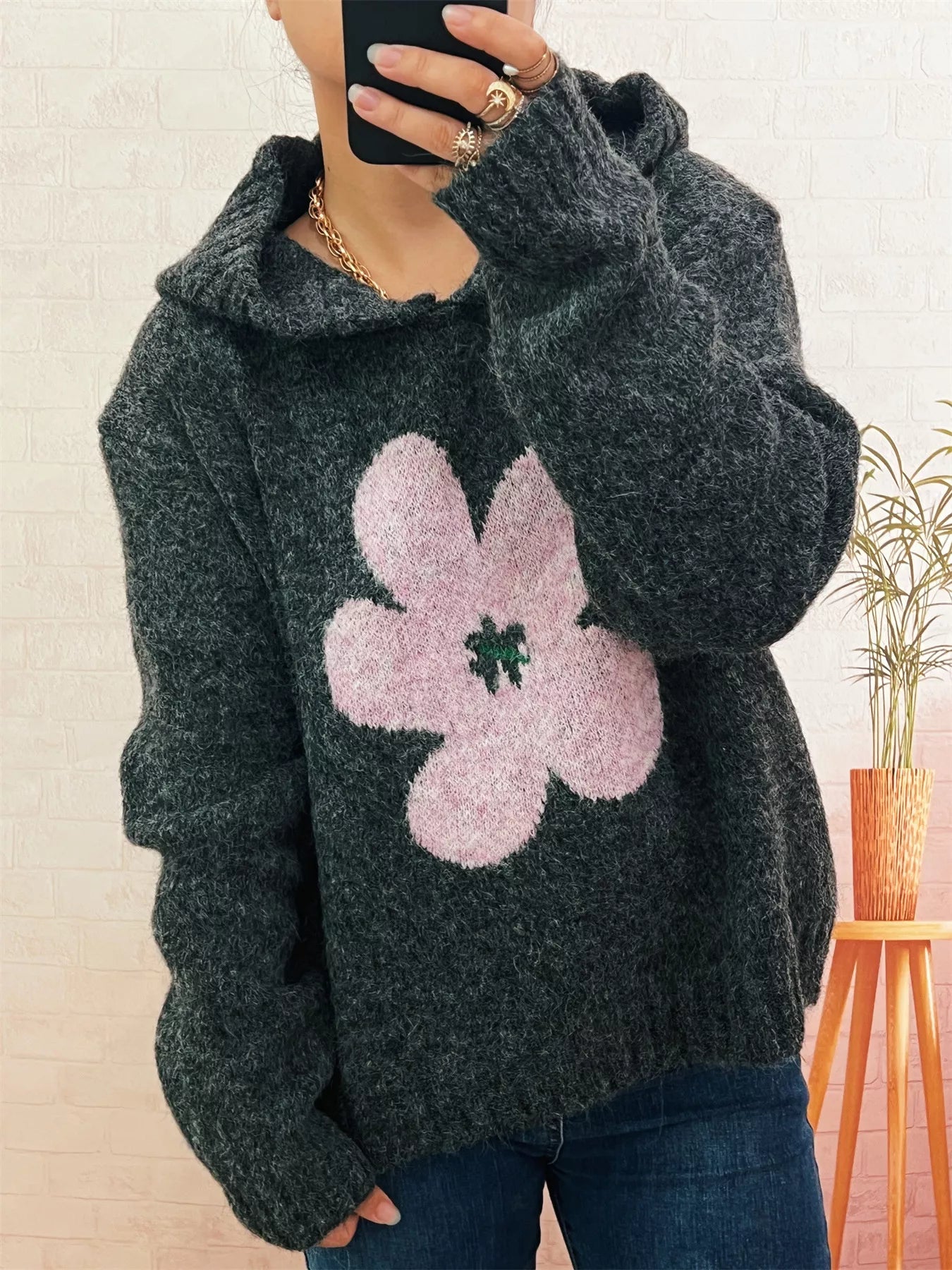 Flower Long Sleeve Hooded Sweater - Tigbul's Variety Fashion Shop