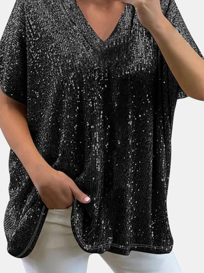 Sequin V-Neck Short Sleeve Top Blouse, Small to 3XL - Tigbul's Variety Fashion Shop