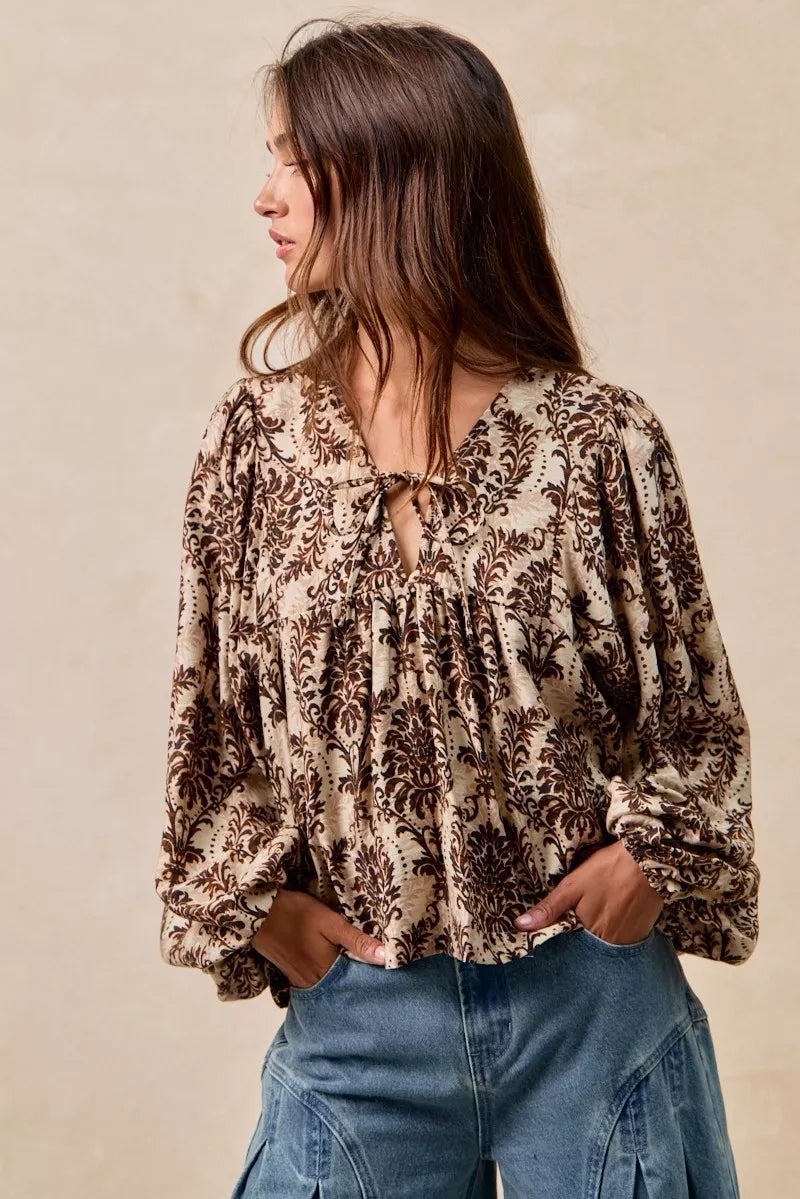 BiBi Printed Woven Front Tied Blouse with Baloon Sleeve - Tigbul's Variety Fashion Shop