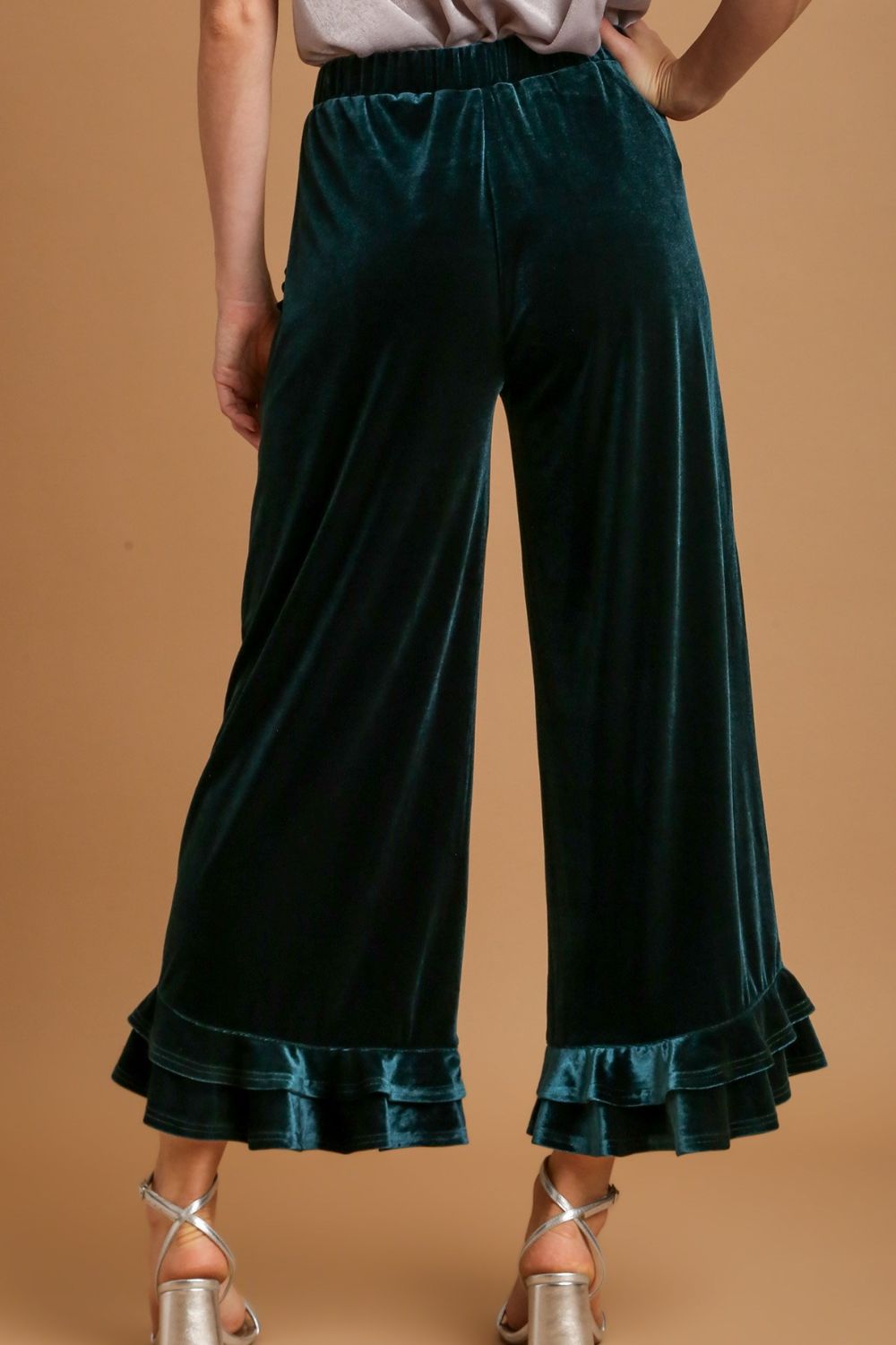 Green Wide Fit Ruffle Velvet Pants with Embroidery - Tigbul's Variety Fashion Shop