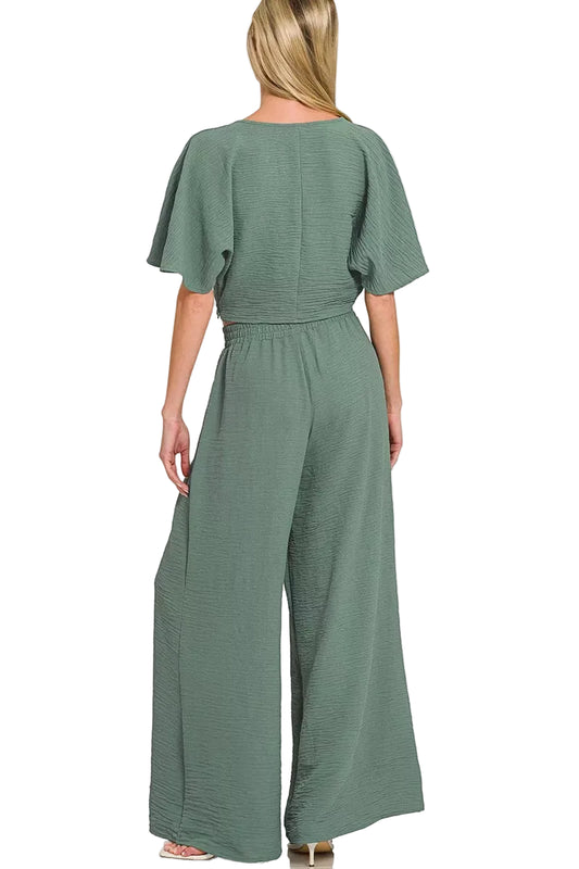 Woven Airflow Green Twisted Top & Wide Leg Pants Set - Tigbul's Variety Fashion Shop