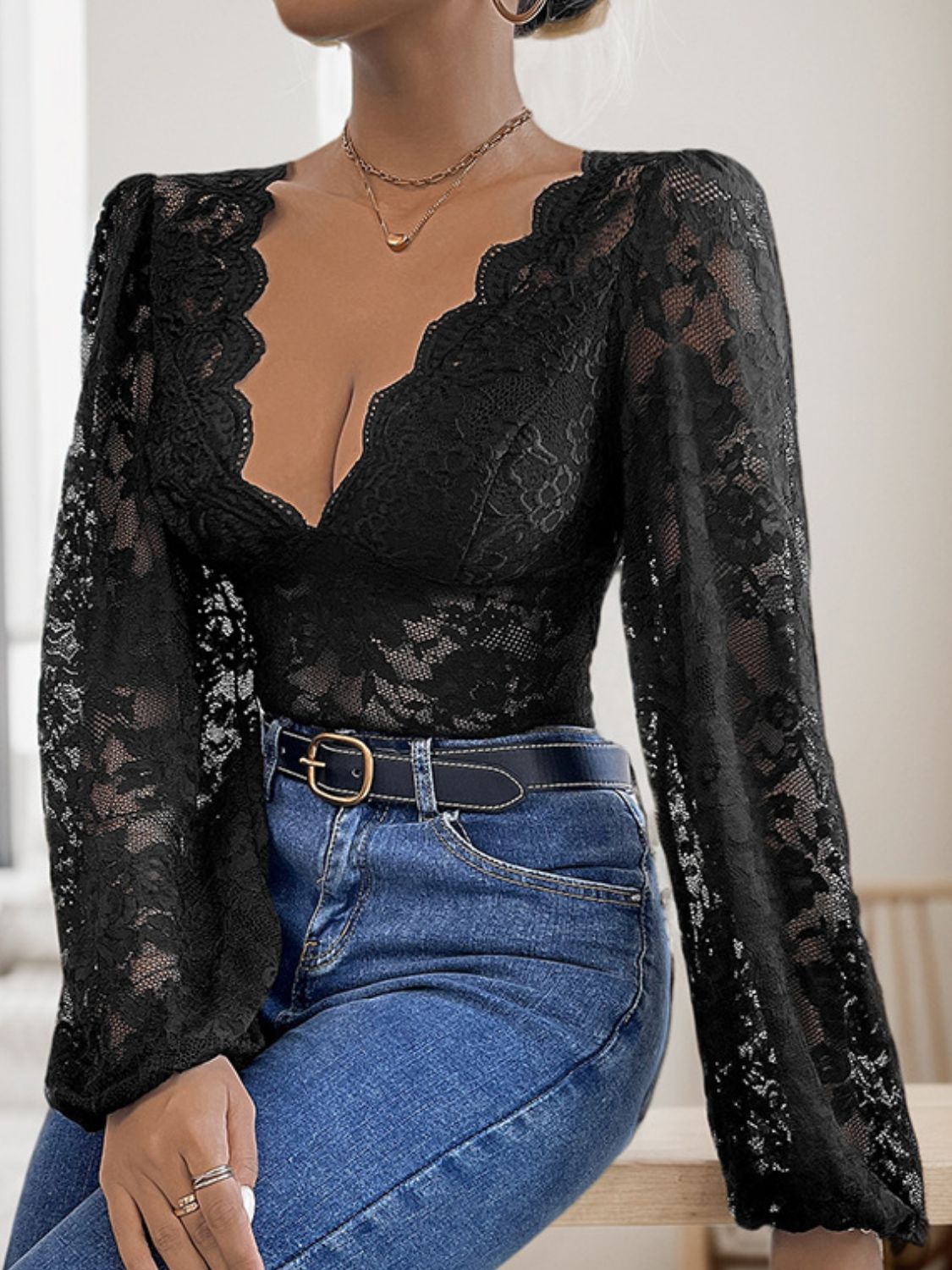 Perfee Lace Plunge Long Sleeve Bodysuit - Tigbul's Variety Fashion Shop