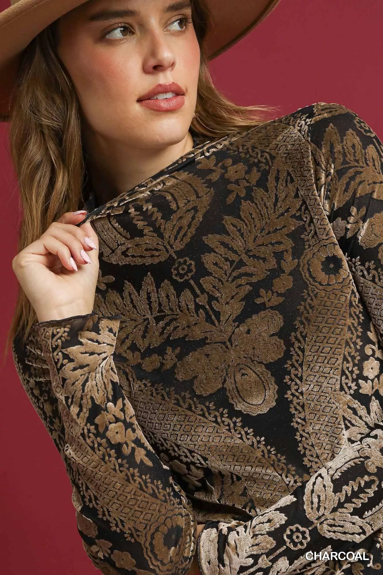 Umgee Damask Print Velvet Burnout Top - Tigbul's Variety Fashion Shop