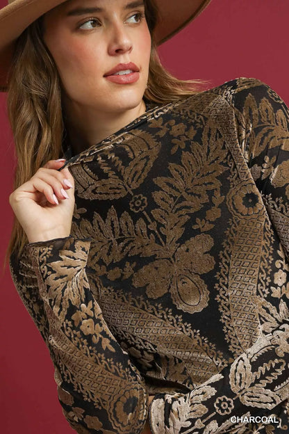 Umgee Damask Print Velvet Burnout Top - Tigbul's Variety Fashion Shop
