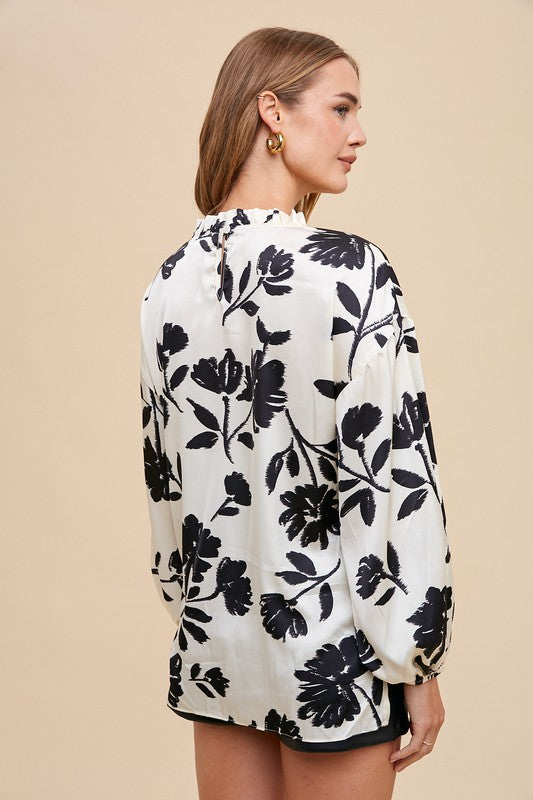 White Frill Printed Balloon Sleeve Blouse - Tigbul's Variety Fashion Shop