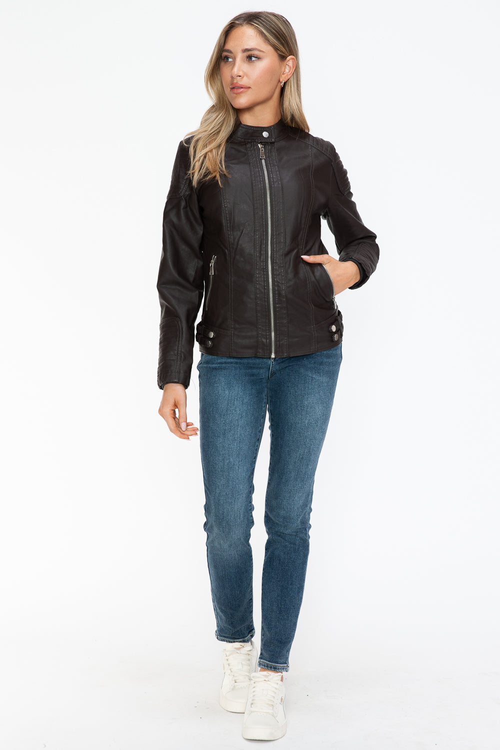 Chocolate Faux Leather Biker Jacket with Side Zip Pockets