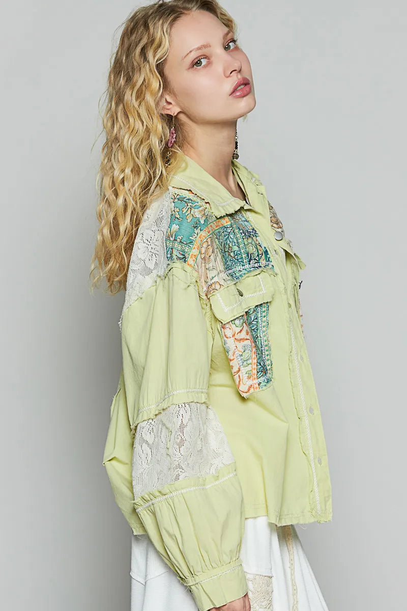 POL Printed Woven Mix Raw Hem Jacket with Lace Detail - Tigbul's Variety Fashion Shop