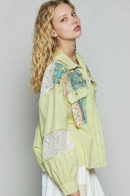 POL Printed Woven Mix Raw Hem Jacket with Lace Detail - Tigbul's Variety Fashion Shop