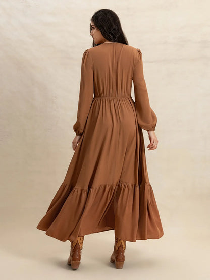 Brown Ruffled Hem V-Neck Balloon Sleeve Maxi Dress - Tigbul's Variety Fashion Shop