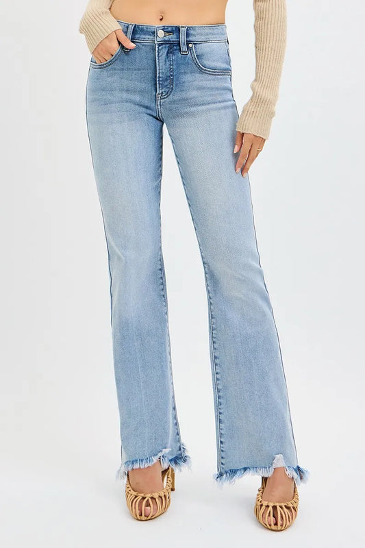 RISEN Full Size Tummy Control Mid Rise Flare Jeans with Fray Hem Detailed Plus Size - Tigbul's Variety Fashion Shop