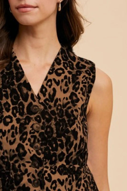 Brown Stretch Leopard Denim Button Down Vest - Tigbul's Variety Fashion Shop