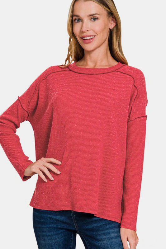Red Exposed Seam Brushed Round Neck Sweater - Tigbul's Variety Fashion Shop