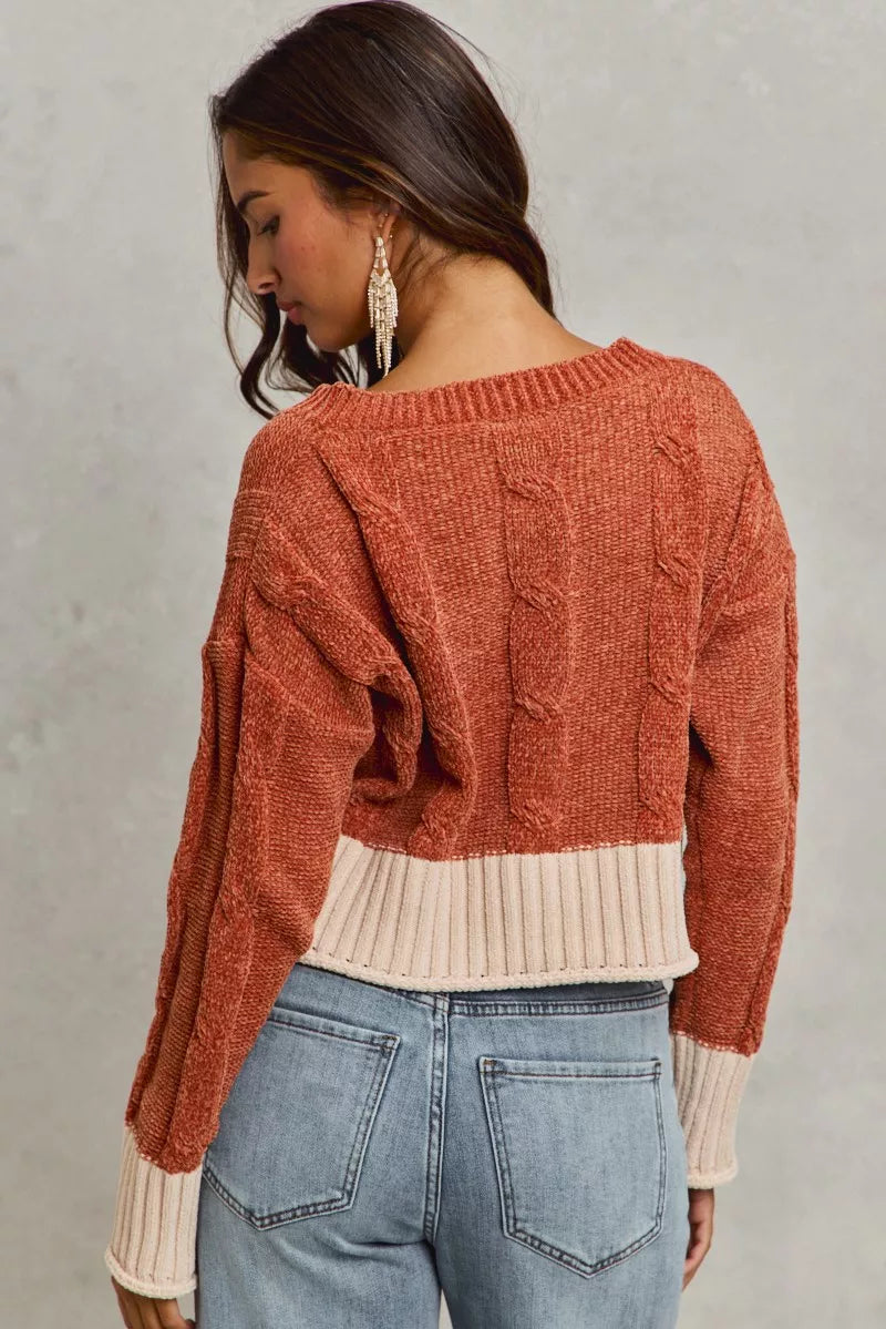 SO ME Chenille Cable Knit V Neck Contrast Cropped Sweater - Tigbul's Variety Fashion Shop