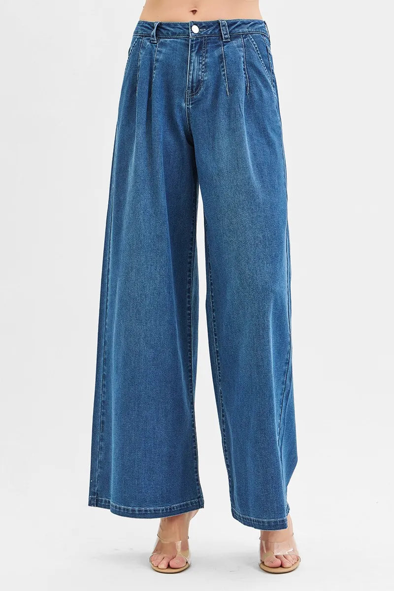 RISEN Mid Rise Fit Wide Leg Knit Denim Look Jeans - Tigbul's Variety Fashion Shop