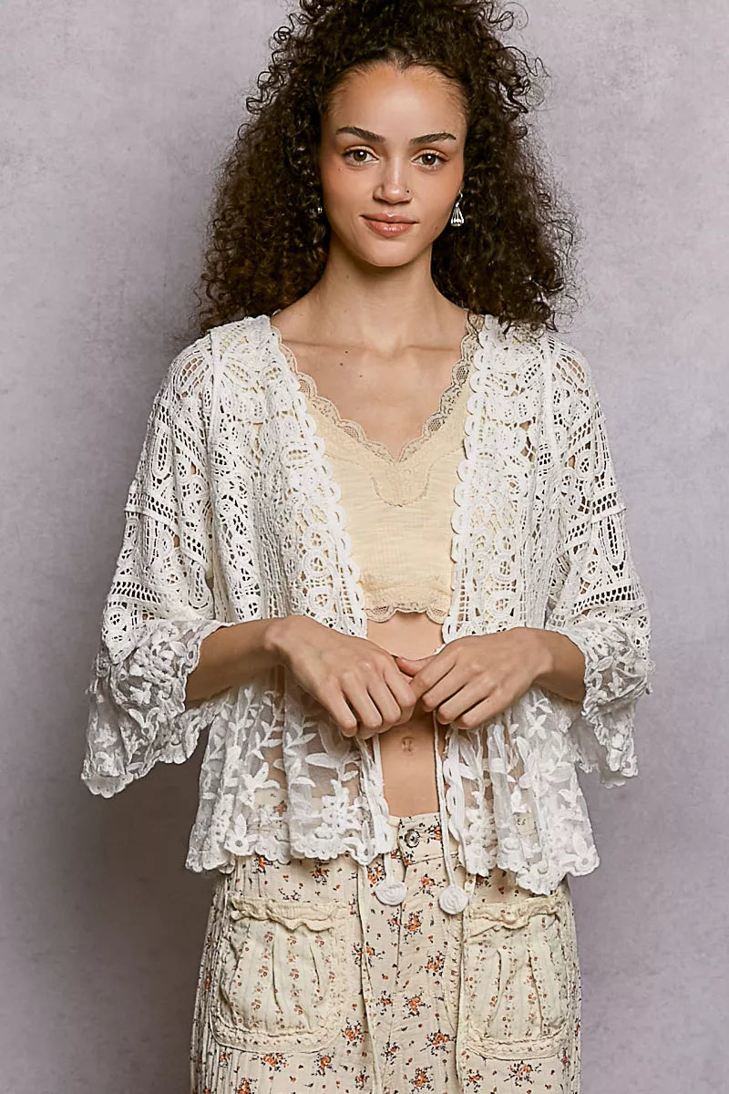 POL Floral Lace Short Sleeve Crochet Cardigan with Tassel Tie - Tigbul's Variety Fashion Shop