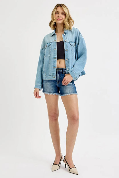 RISEN Washed Dropped Shoulder Denim Jacket - Tigbul's Variety Fashion Shop