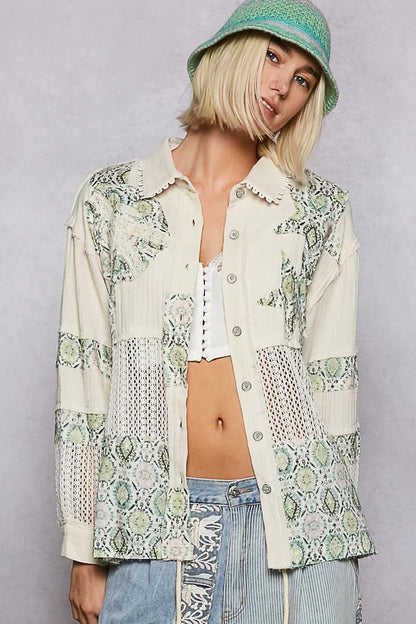 POL Printed Crochet Patchwork Button-Up Shirt - Tigbul's Variety Fashion Shop