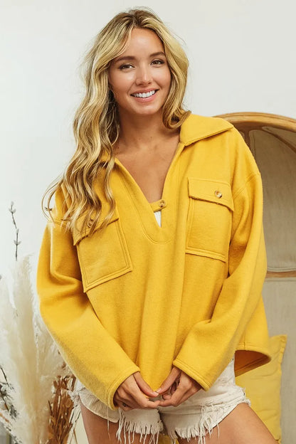 BiBi Flap Pockets Fleece Collared Sweatshirt - Tigbul's Variety Fashion Shop