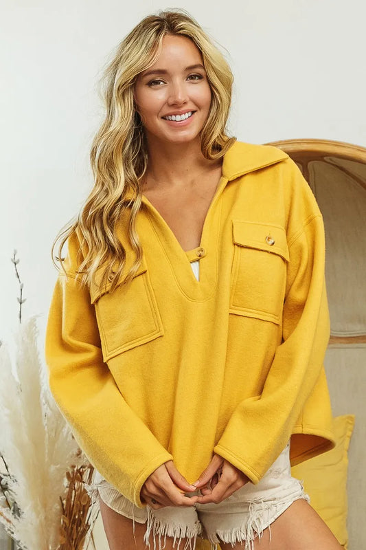 BiBi Flap Pockets Fleece Collared Sweatshirt - Tigbul's Variety Fashion Shop