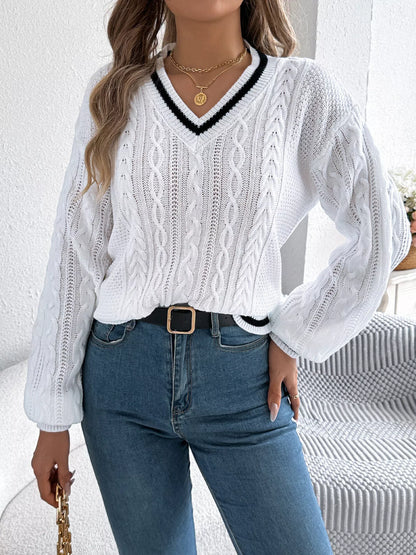 Cable Knit V-Neck Long Sleeve Sweater - Tigbul's Variety Fashion Shop