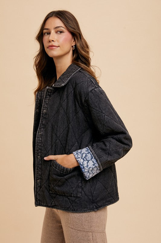 Annie Wear Quilted Printed Lining Snap Down Denim Jacket - Tigbul's Variety Fashion Shop