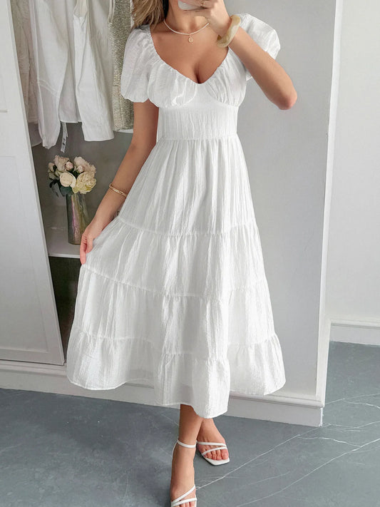 V-Neck Short Sleeve Midi Dress - Tigbul's Variety Fashion Shop
