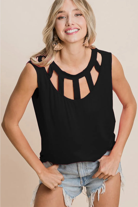 Cutout Round Neck Sleeveless Black Top - Tigbul's Variety Fashion Shop