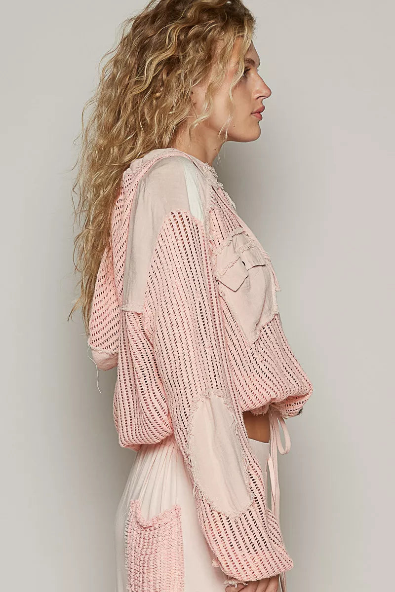 POL Texture Woven Button Down Hooded Shirt with Drawstring Hem - Tigbul's Variety Fashion Shop
