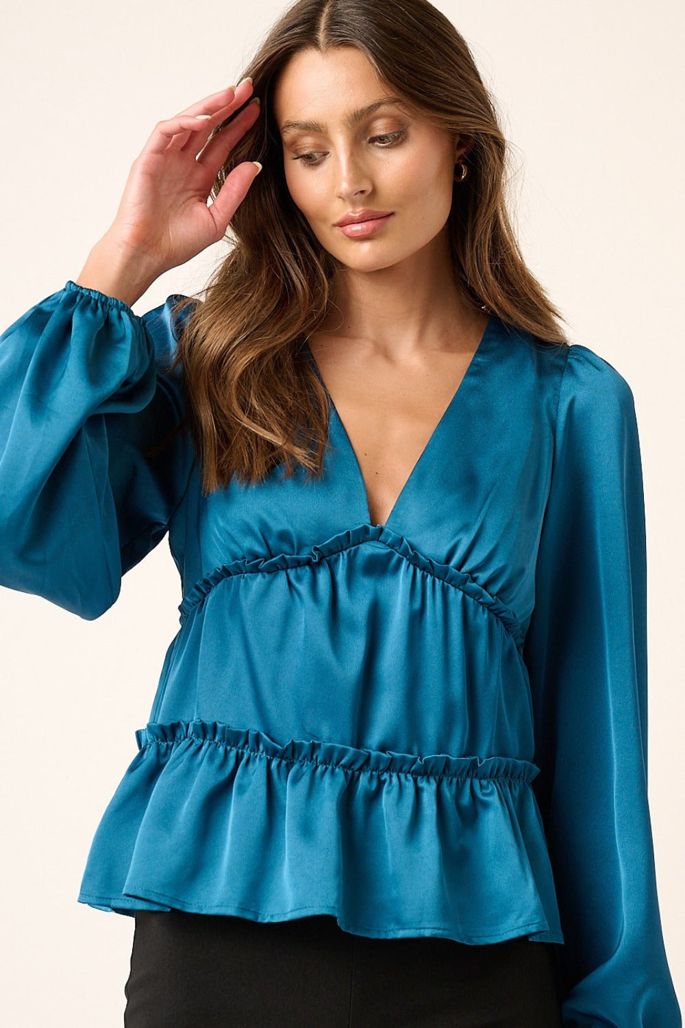 Satin V Neck Ruffled Tier Blouse - Tigbul's Variety Fashion Shop