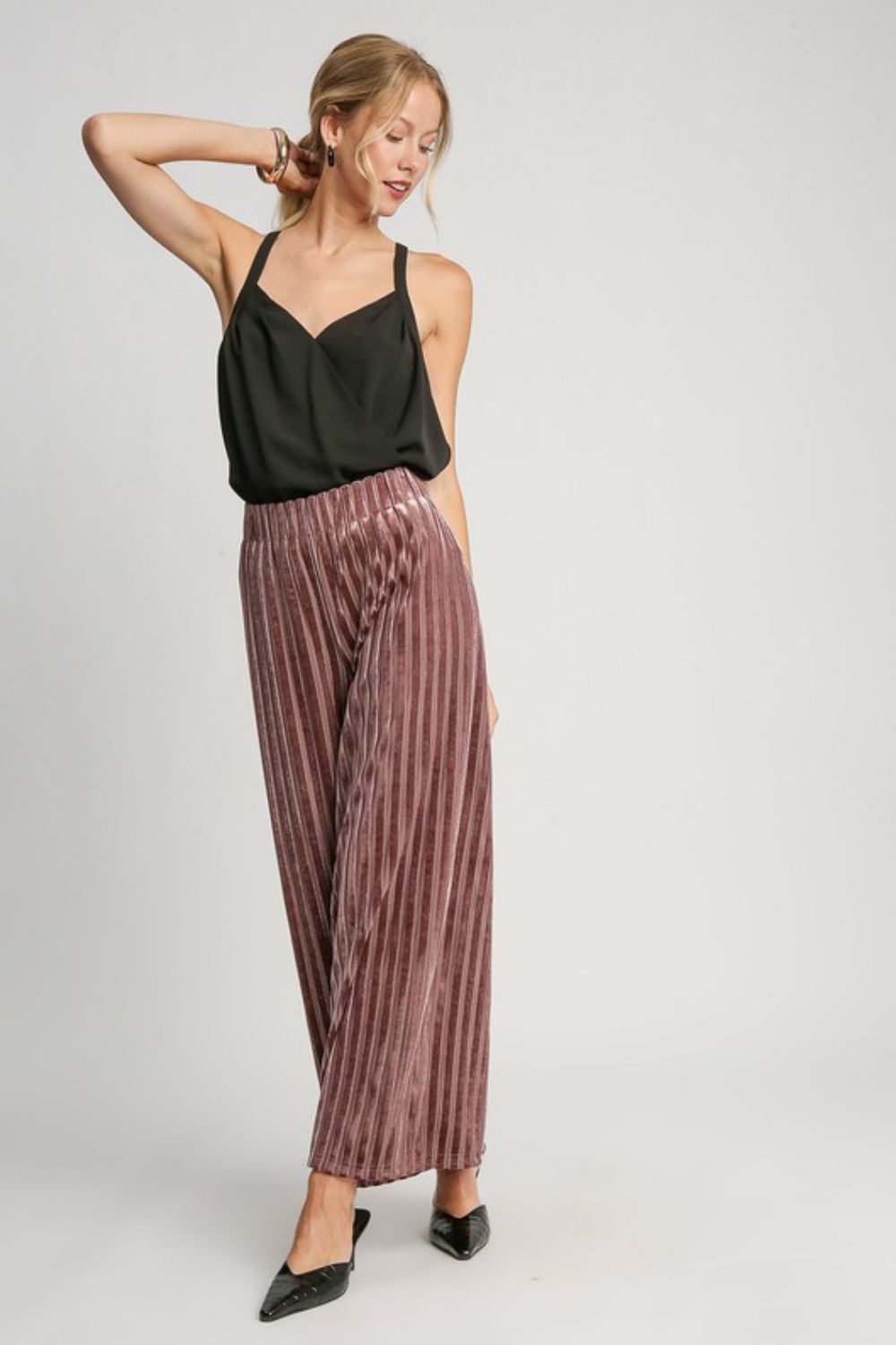 Umgee Full Size Elastic Waist Striped Wide Leg Velvet Pants - Tigbul's Variety Fashion Shop