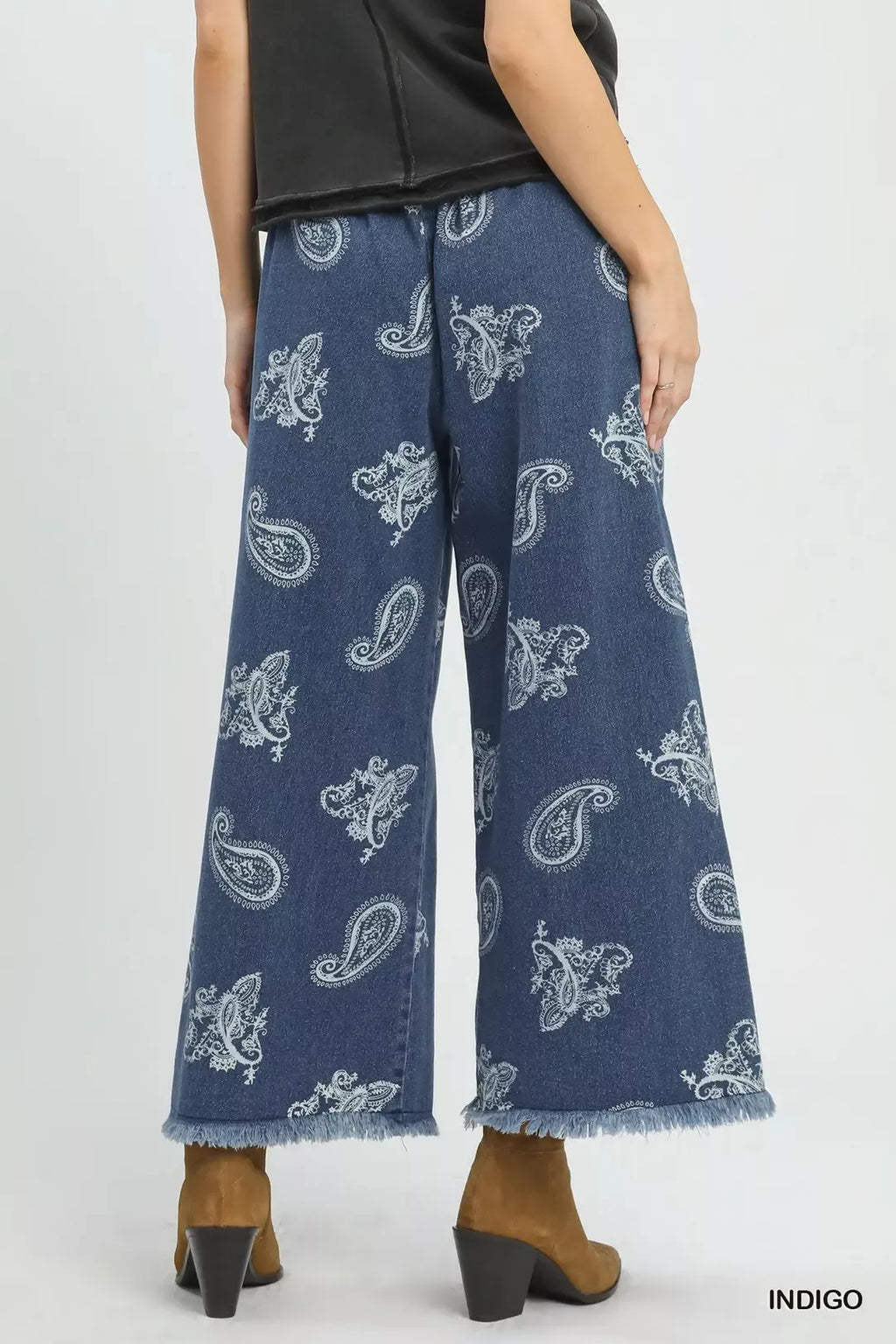 Indigo paisley-print wide-leg denim pants with relaxed fit and frayed hem