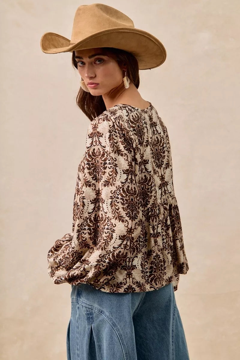 BiBi Printed Woven Front Tied Blouse with Baloon Sleeve - Tigbul's Variety Fashion Shop