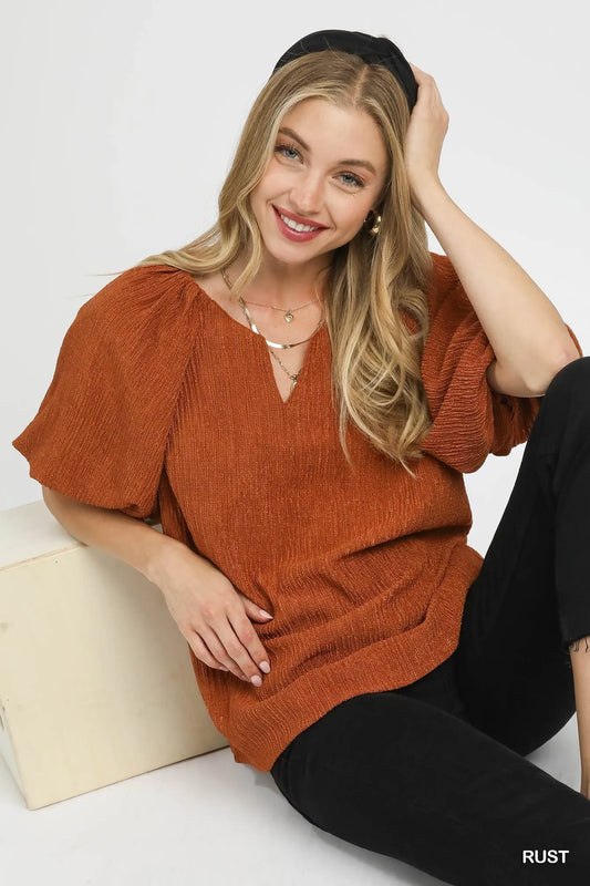 Umgee Textured Flutter Sleeve Notch Neck Top - Tigbul's Variety Fashion Shop