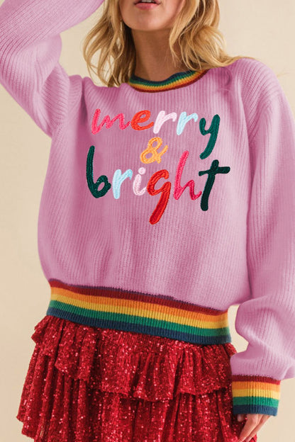 MERRY & BRIGHT Ribbed Round Neck Sweater - Tigbul's Variety Fashion Shop