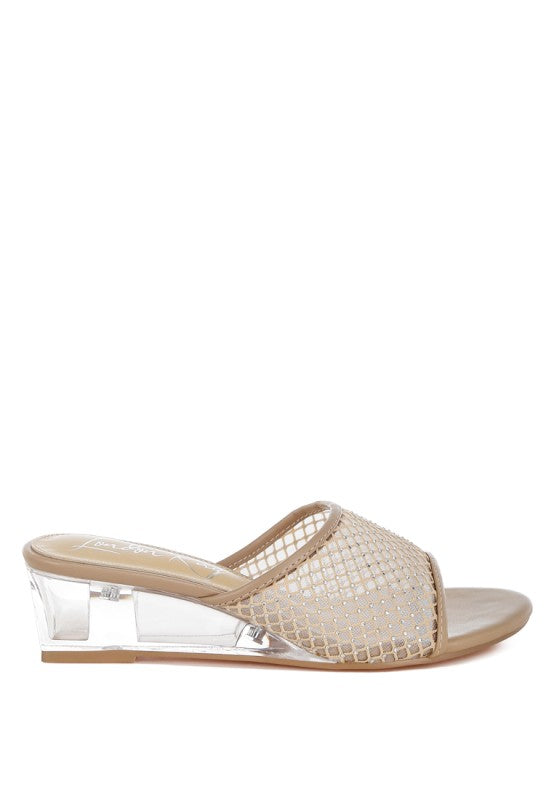 Beige/gold mesh mule slide sandal with clear wedge heel and open toe