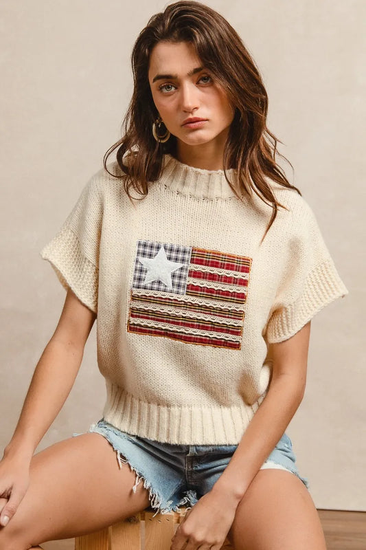 BiBi American Flag Patchwork Drop Shoulder Sweater - Tigbul's Variety Fashion Shop