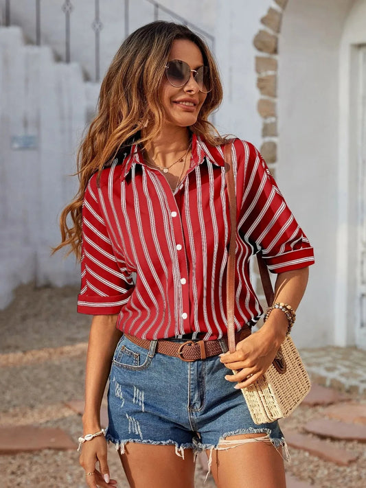 Striped Collared Neck Half Sleeve Shirt - Tigbul's Variety Fashion Shop