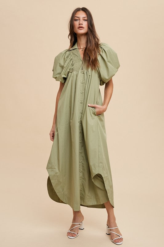 Annie Wear Smocked Puff Sleeve Midi Dress - Tigbul's Variety Fashion Shop