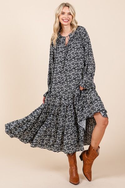 Dark Navy Printed Tie Neck Flounce Sleeve Midi Dress - Tigbul's Variety Fashion Shop